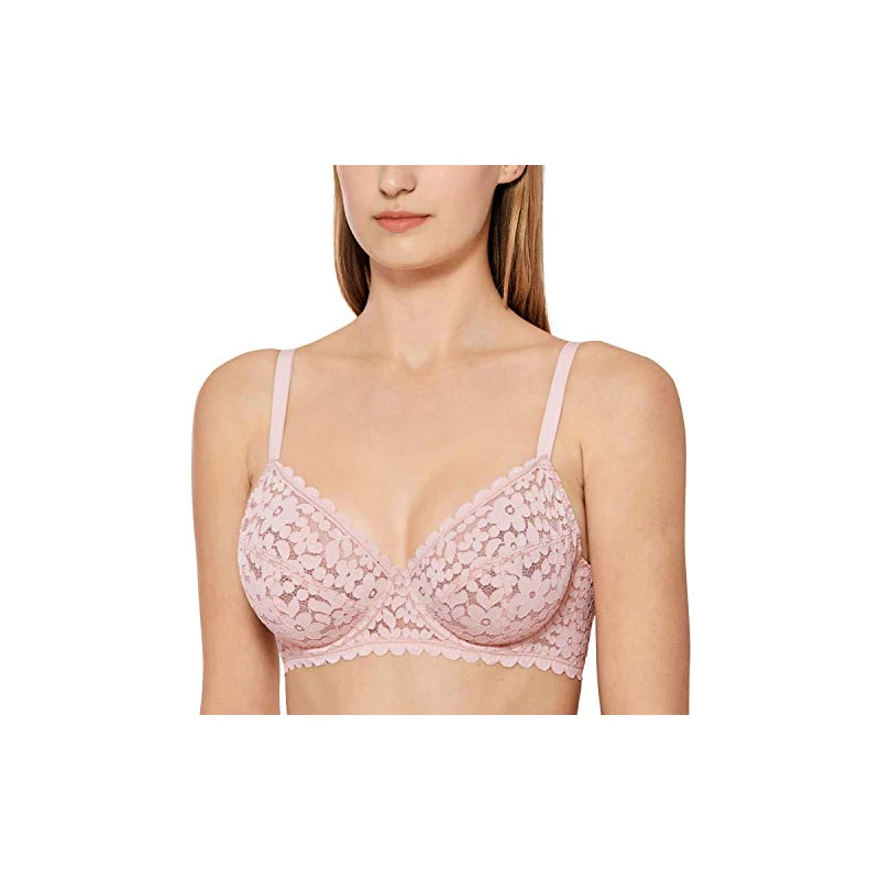 DELIMIRA Donna con Ferretto Taglie Forti Senza Imbottitura Pizzo Reggiseno Champagne Perlato 3E