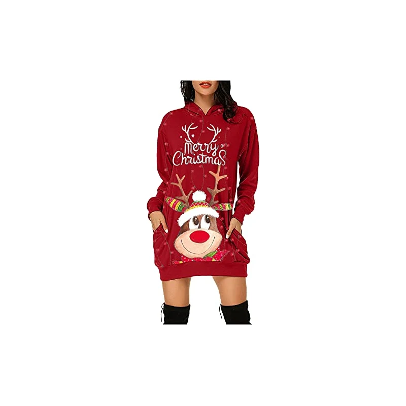 Vestito Lungo Natalizio Da Donna Con Cappuccio E Stampa Bicchiere Di Vino - Scritta In Tedesco Merry Christmas