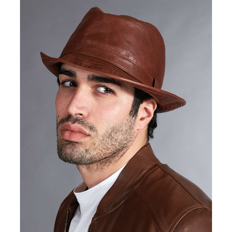 Cappello da uomo in pelle vintage marrone stile borsalino D'Arienzo