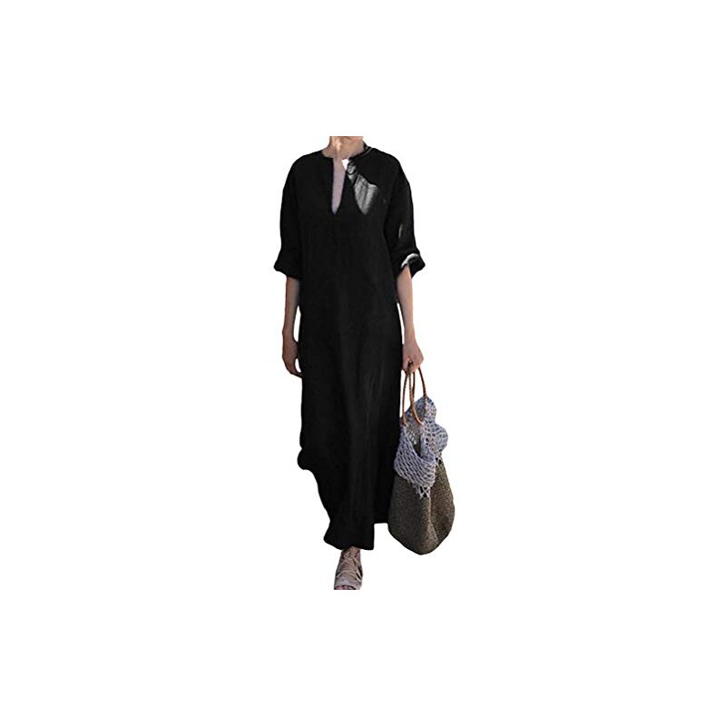 Donna Vestito Lungo Maxi Scollo A V E Maniche Lunghe Vestito Lino Lunga Casual Abito