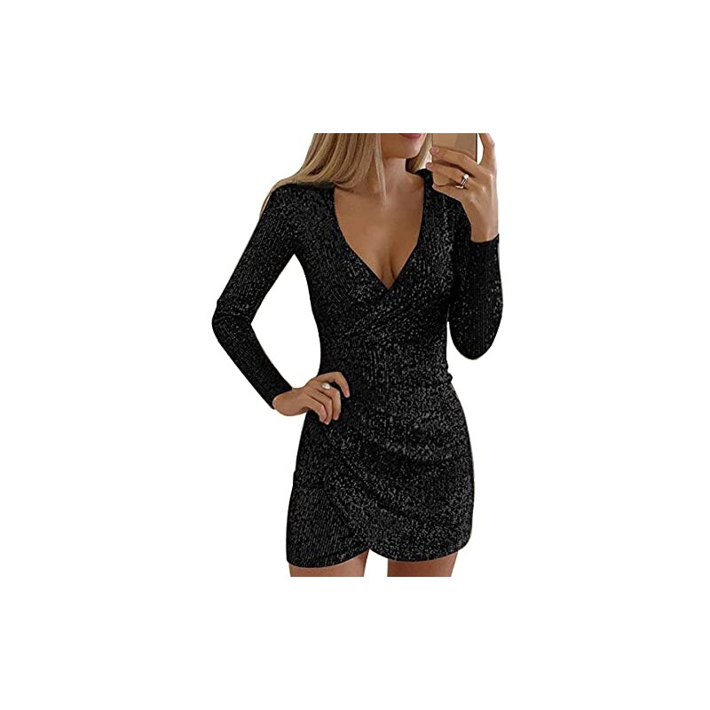 Vestito Donna ORANDESIGNE Sexy Discoteca - Manica Lunga, Scollo A V, Tubino Brillante - Foto 13