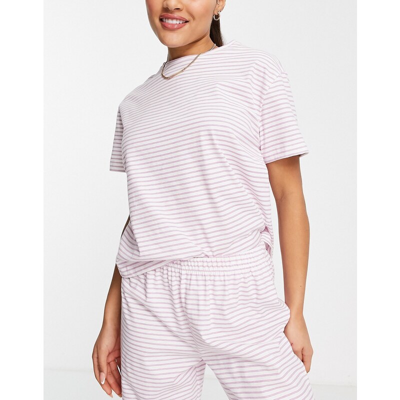 ASOS DESIGN - Mix and Match - T-shirt del pigiama in cotone bianca e lilla a righe - MULTI-Multicolore