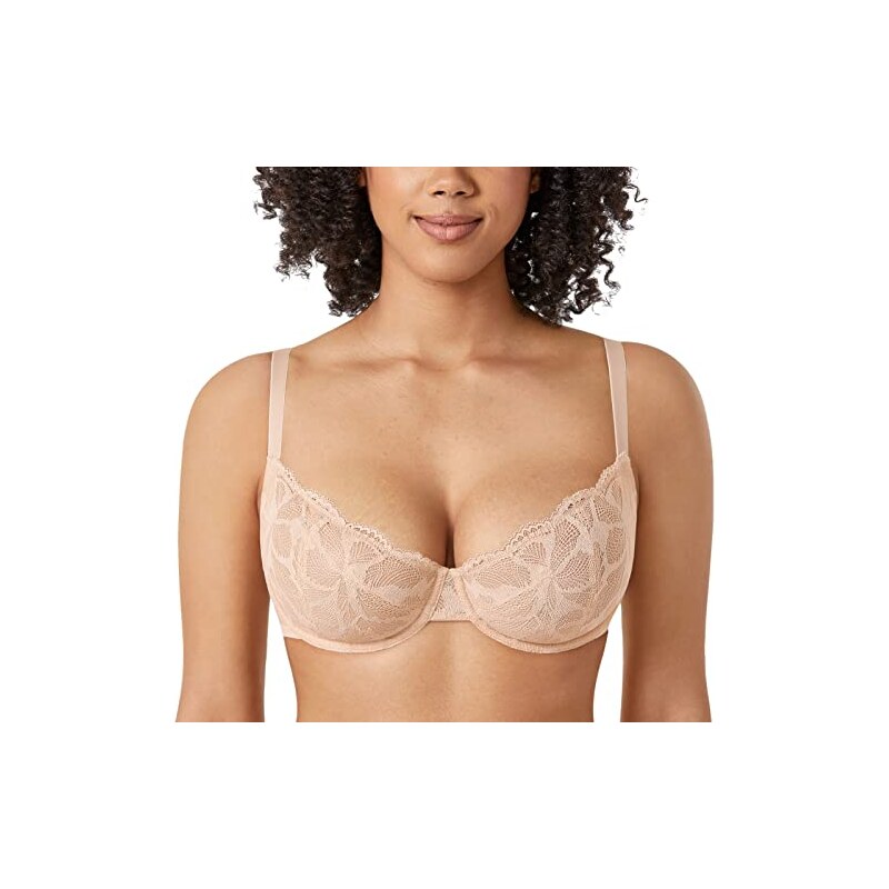 DELIMIRA Reggiseno Taglie Forti Pizzo con Ferretto Senza Imbottitura Balconcino Beige 5G Stileo