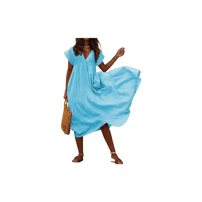 Aibayleef Donna Vestiti Lino Estivi Abito Lungo Manica Corti Oversize  Elegante Abiti Lunghe Taglie Forti Tinta Unita Retro Abito Asimmetrico  Tunica