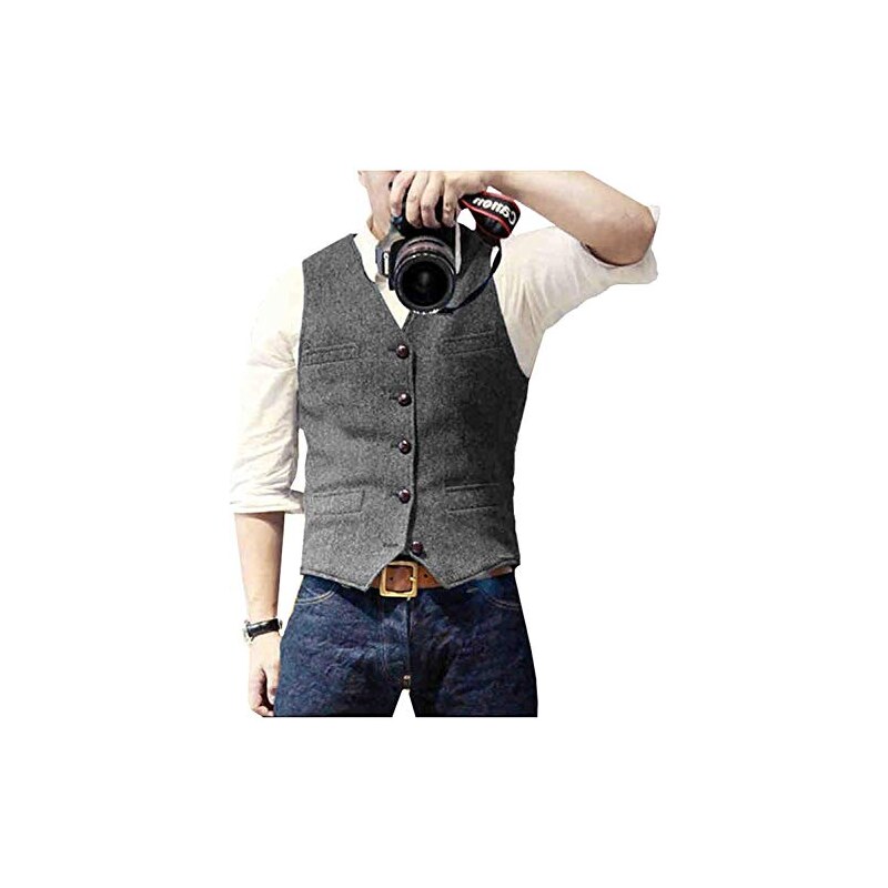 Gilet Costume Homme En Laine Tweed à Chevrons Vintage - 6 Boutons, Poche, Sangle Réglable