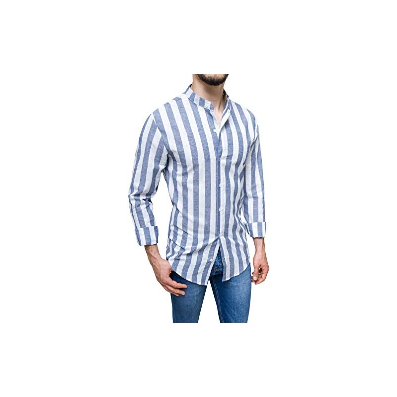 Camicia panna in misto lino a righe verdi militare con colletto alla coreana | Pellizzari