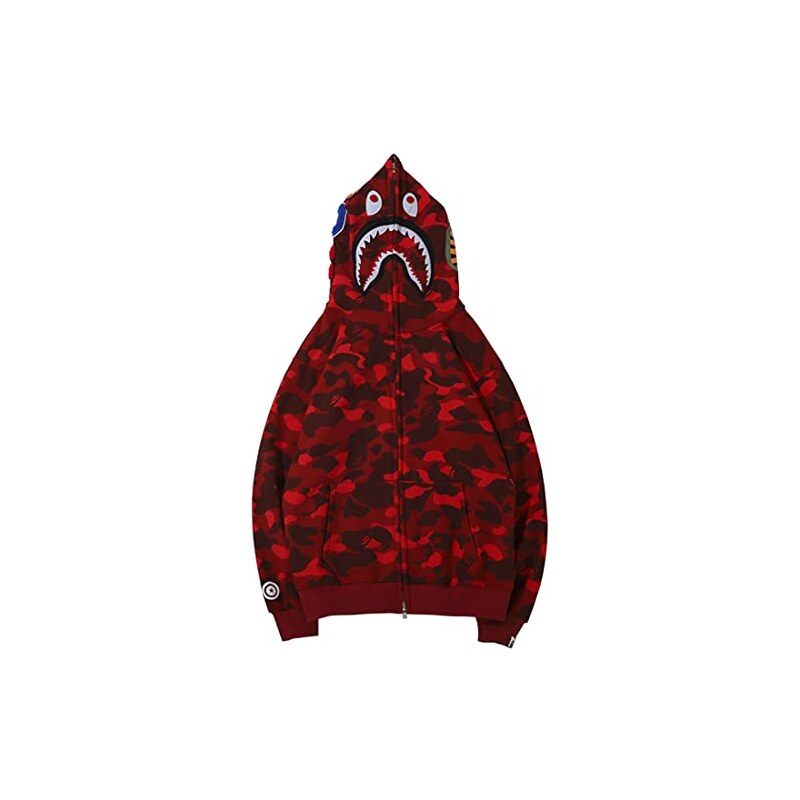 WINKEEY Bape Shark Felpa con Cappuccio Hip Hop Zipper Felpa a Maniche Lunghe con Stampa Shark Giacche con Cerniera Shark Head per Uomo Donna Mimetico Borgogna 4XL Stileo