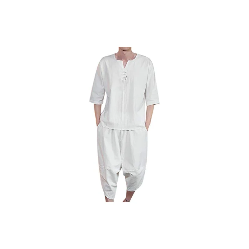 Tuta Estiva Uomo 2 Pezzi In Cotone E Lino - Set Casual Per Spiaggia Con Coulisse - Foto 8