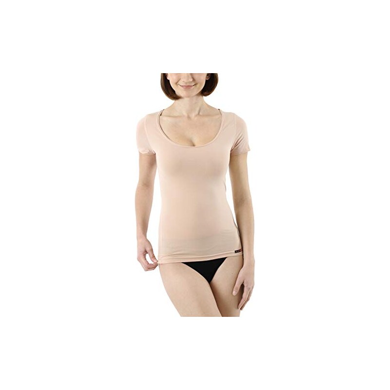 ALBERT KREUZ Maglietta Intima Invisibile da Donna a Maniche Corte e con  Scollo Rotondo Extra-Profondo in Cotone Elasticizzato leggerissimo, Color  Carne, 42 