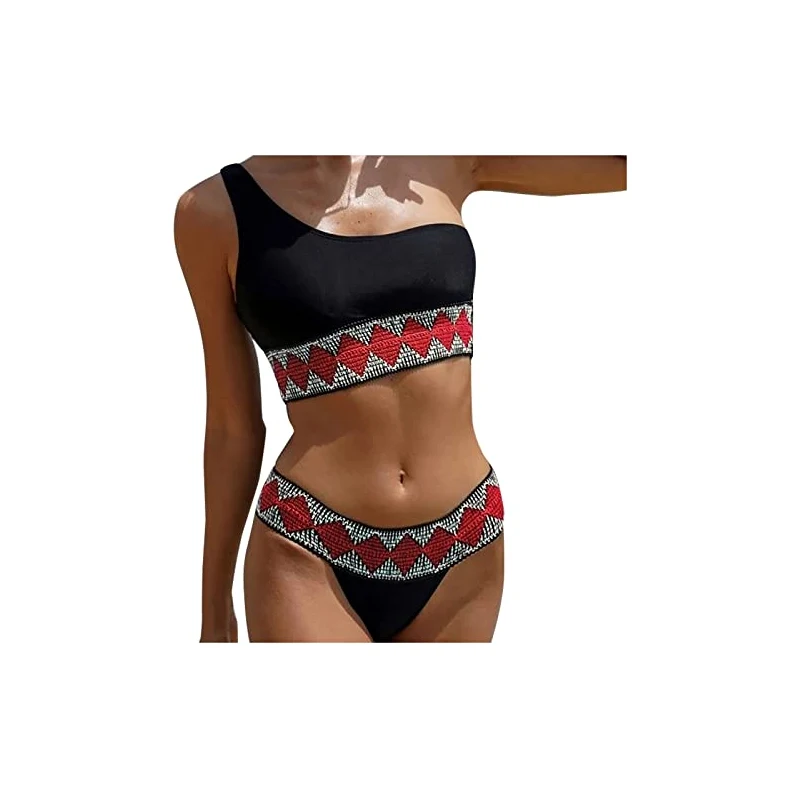 Costume Da Bagno Sexy Spaccato Vita Alta Stampa Pezzi Bikini Catena Collo Perizoma Bikini