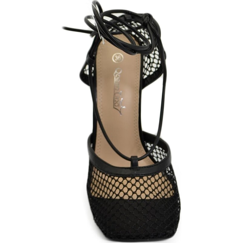 Malu Shoes Sandalo nero in pelle a rete donna con tacco a spillo 10 e lacci alla schiava effetto piede nudo moda