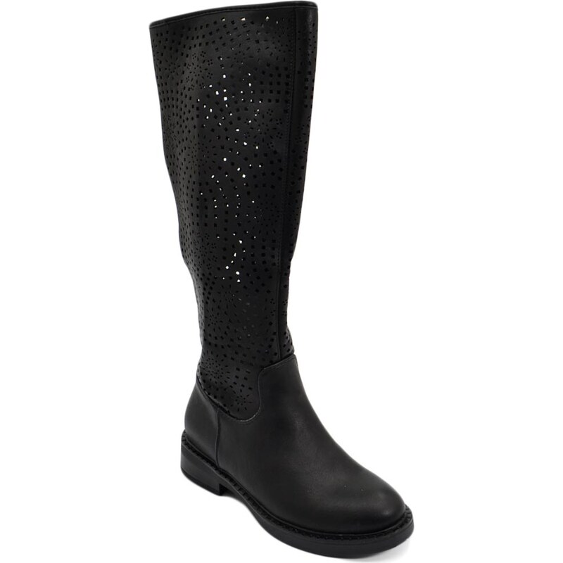 Malu Shoes Stivali donna alto punta tonda nero gambale traforato puntinato al ginocchio fondo con gomma antiscivolo moda elegante