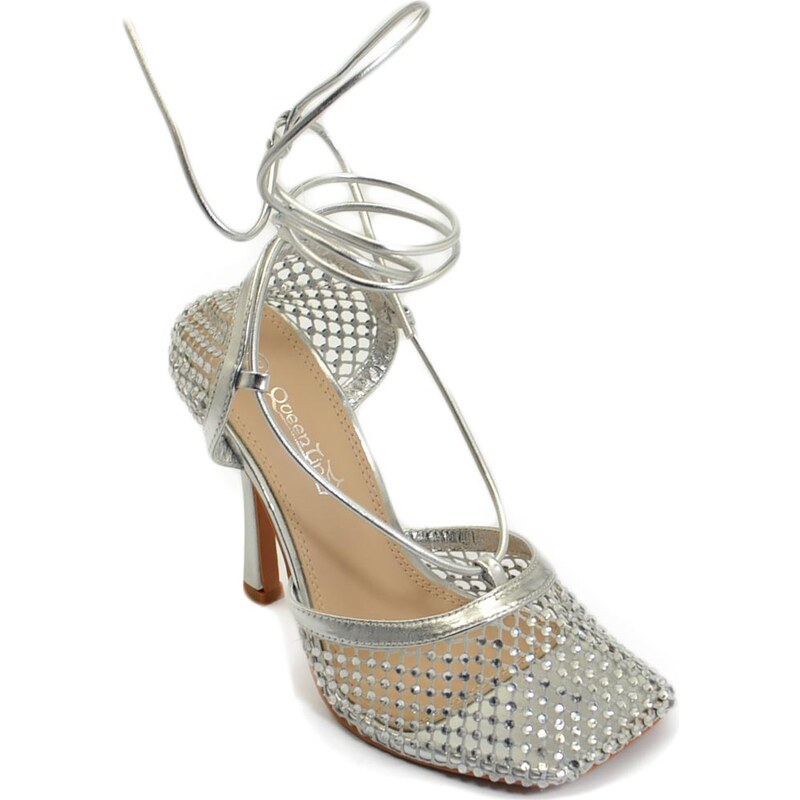 Malu Shoes Sandali gioiello argento tacco a spillo 10 donna a rete strass e lacci alla schiava moda punta quadrata comode tendenza