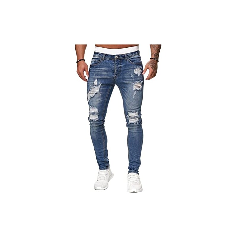 Pantaloni Denim Strappati Jeans Uomo Slim Fit Strappati Con Ricamo