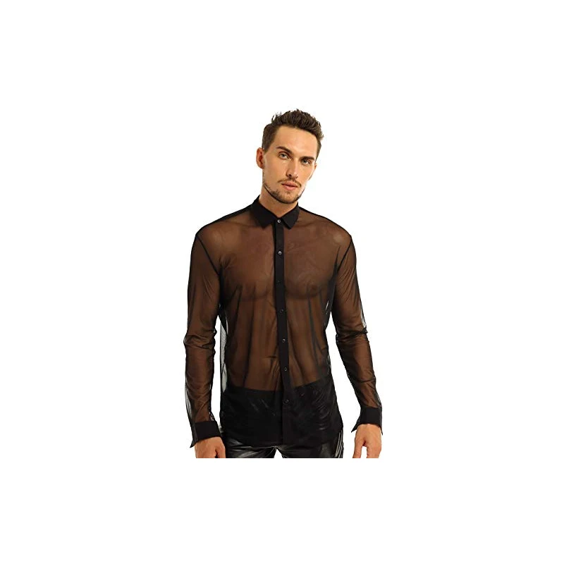 AIEOE Camicia A Rete Da Uomo Trasparente A Maniche Lunghe Trasparente Sottile E Traspirante, Nero 02., XS - Foto 7