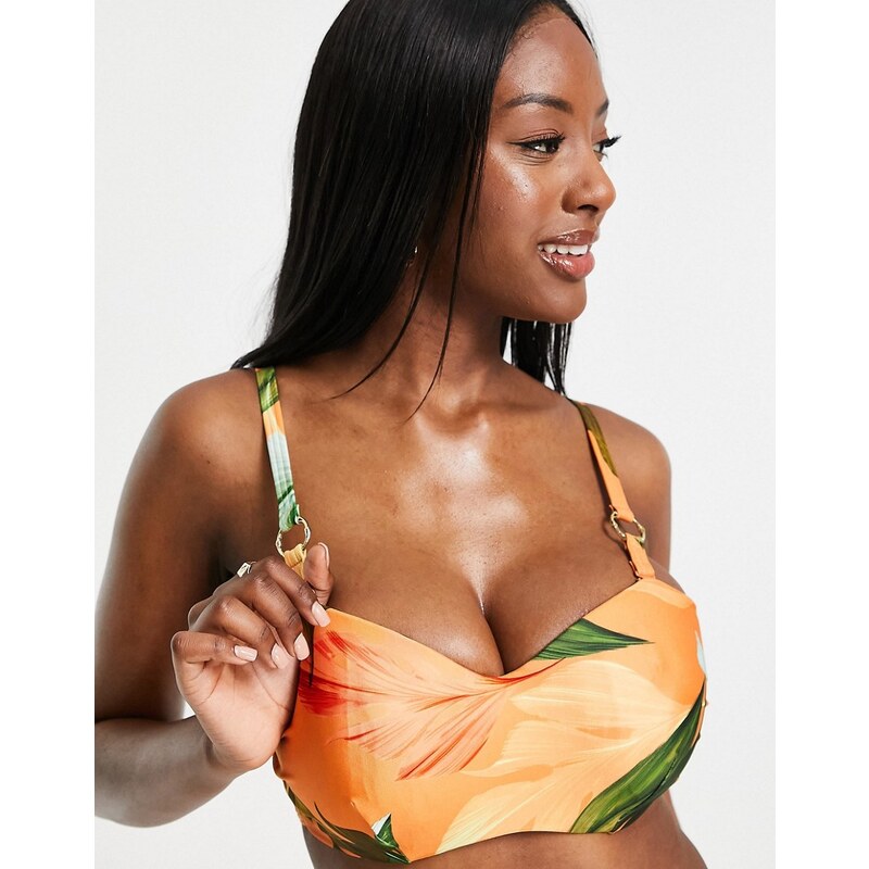 Figleaves Coppe Grandi - Top bikini senza spalline color ruggine con stampa tropicale-Marrone