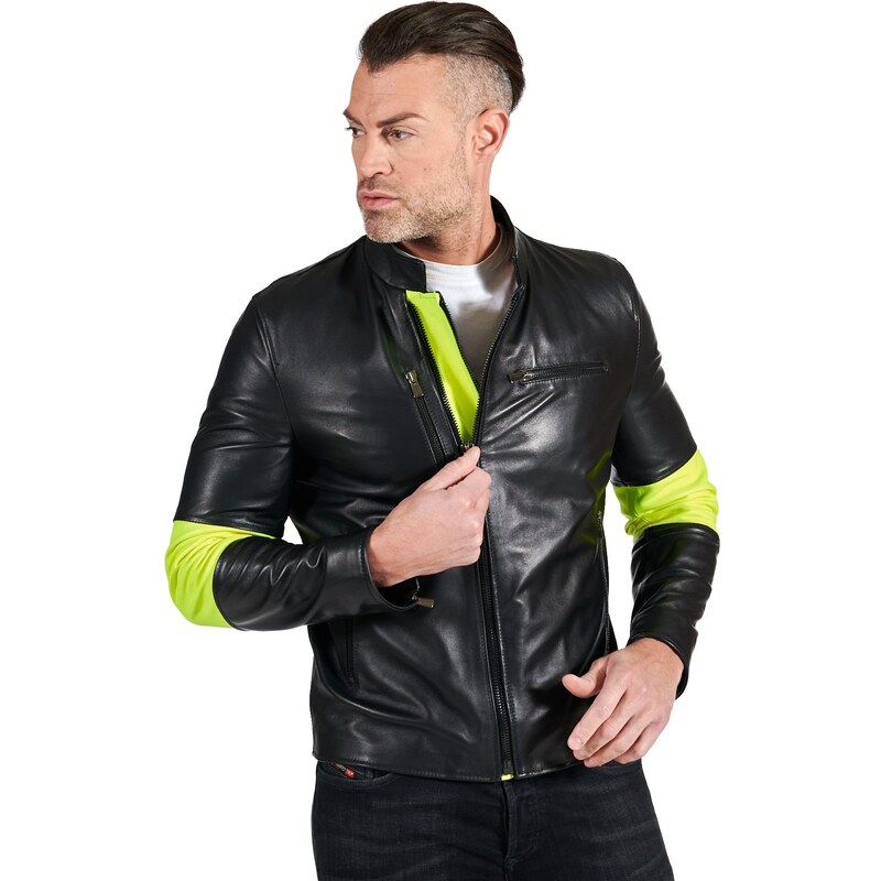 Giacca biker in pelle nera e inserti in pelle fluo effetto liscio D'Arienzo  