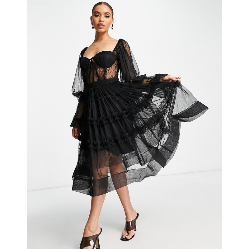 Lace & Beads - Vestito midi in tulle nero con corsetto
