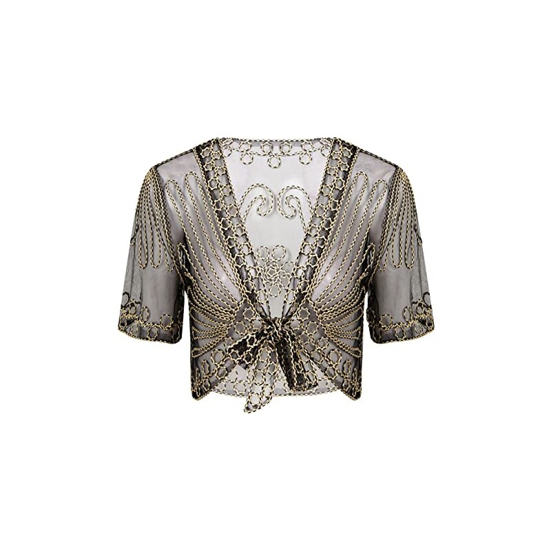 Allegra K Coprispalle con volant, da donna, con maniche a 3/4, aperto sul davanti, in rete, bolero, cardigan, Nero , XL