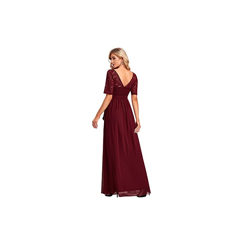 Ever-Pretty Abito da Sera Rotondo Mezza Manica Stile Impero Linea ad A  Chiffon Pizzo Taglia Grossa per Donne Lungo Vestiti da Cerimonia Borgogna  46EU