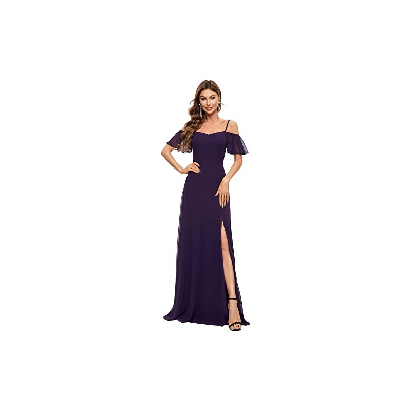 Ever-Pretty Abito da Sera e Cerimonia d'Onore Lunghi in Chiffon con dalla Spalla da Donna con Spacco Laterale Viola Scuro 48