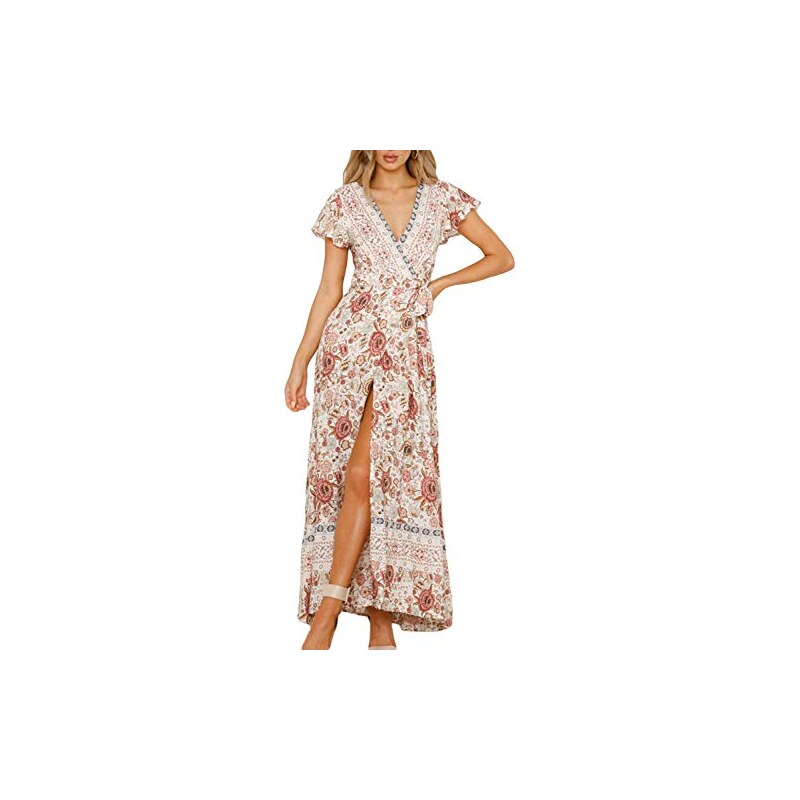 Abito Lungo Etnico Maxi Boho – Floreale Ricamato, Scollo A V, Maniche A Campana, Multicolore