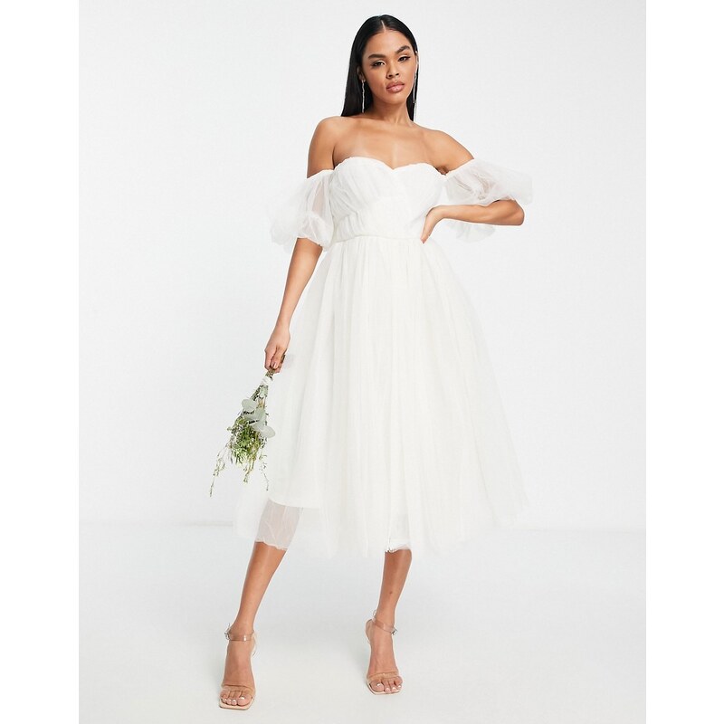 Lace & Beads Bridal - Vestito midi da sposa con spalle scoperte a sbuffo color avorio-Bianco