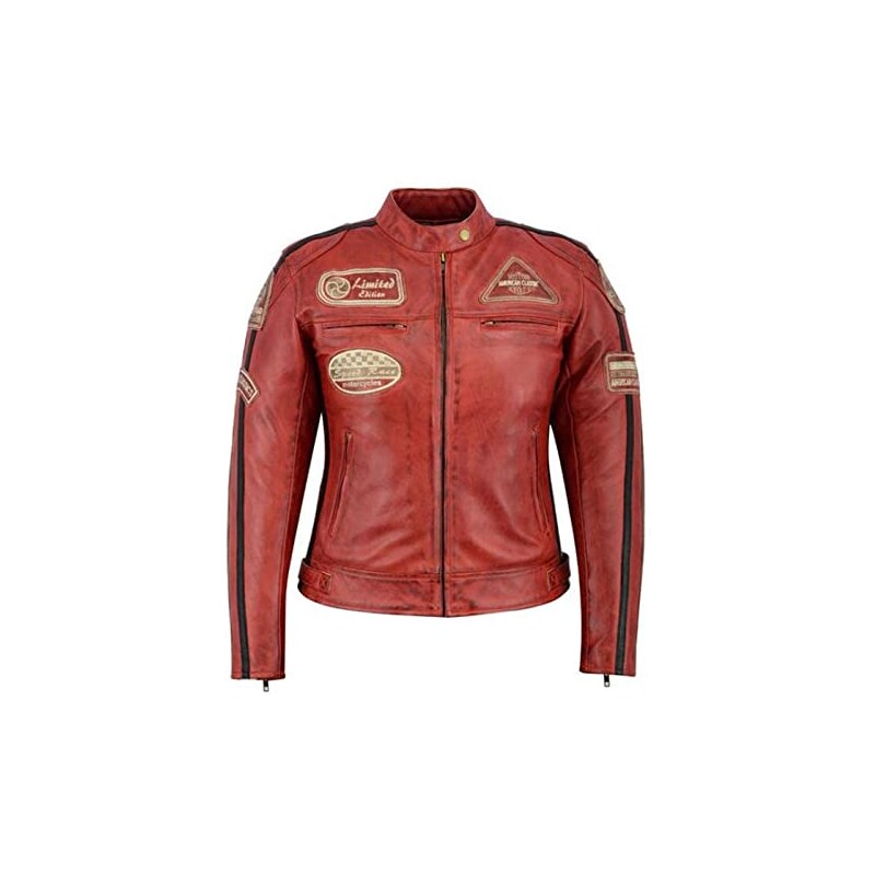 PRO FUTURE Giacca Moto Pelle Scooter Cafe Racer,Naked da Donna Vintage (XS,  ROSSO)