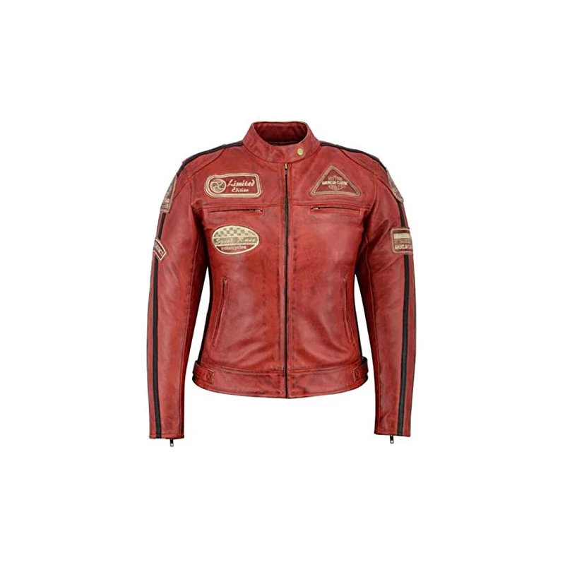 PRO FUTURE Giacca Moto Pelle Scooter Cafe Racer,Naked da Donna Vintage (XS,  ROSSO)