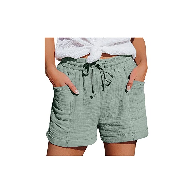 Famulily Pantaloni Corti Donna A Gamba Larga In Misto Lino – Con Tasche E Vita Elasticata Con Coulisse – Perfetti Per L'Estate E La Spiaggia