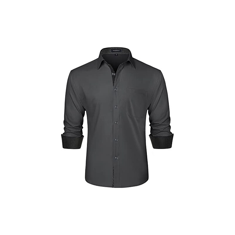 HISDERN Camicia Nero Uomo Manica Lunga Slim Fit Elegante Camicia Collo Coreana Uomo Matrimonio Formale Gemelli Camicia Uomo Nero con Tasca S