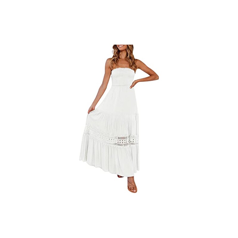 Abito Estivo Donna Bbonlinedress - Senza Spalle, Stampa Floreale, Top Smockato, Midi, Bohémien Per Spiaggia E Feste