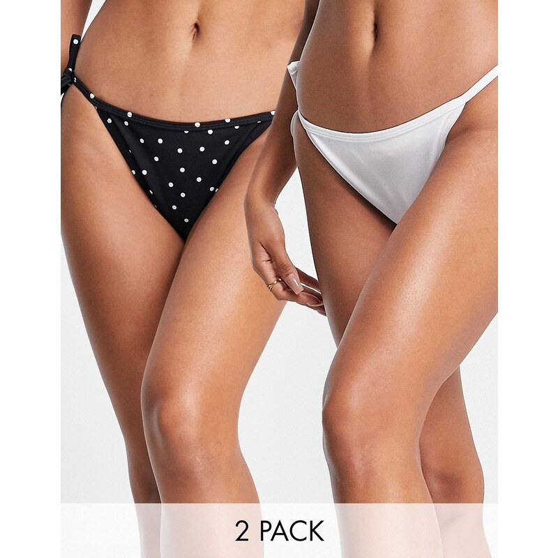 New Look - Confezione da 2 slip bikini con laccetti nero e a pois