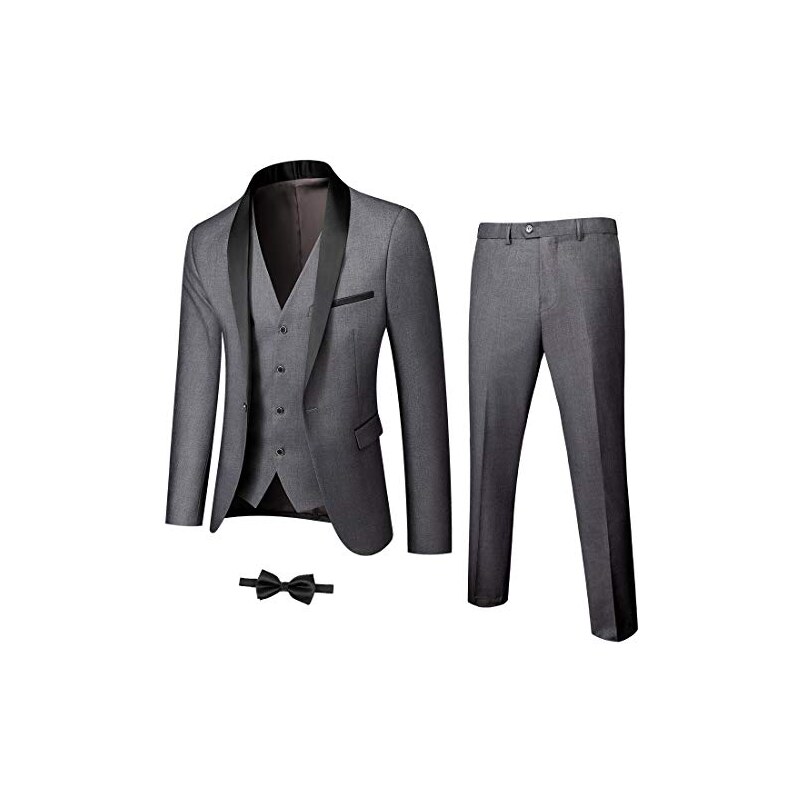 YND Set smoking da uomo, 3 pezzi, vestibilità aderente, con un bottone, collo a scialle, giacca e pantaloni con papillon, Grigio scuro, XS