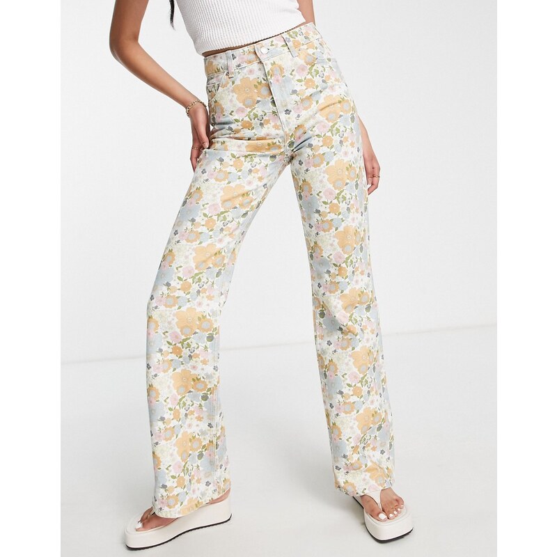 Topshop - Jeans a zampa stile anni '90 con motivo a fiori rétro multicolore