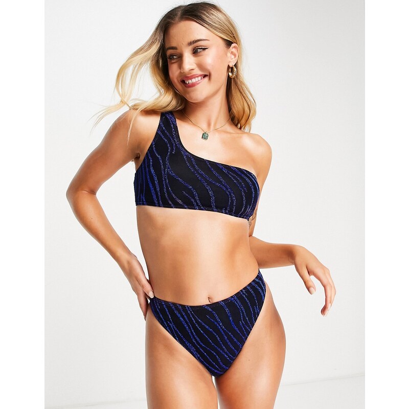 South Beach - Top bikini monospalla nero/blu zebrato con paillettes