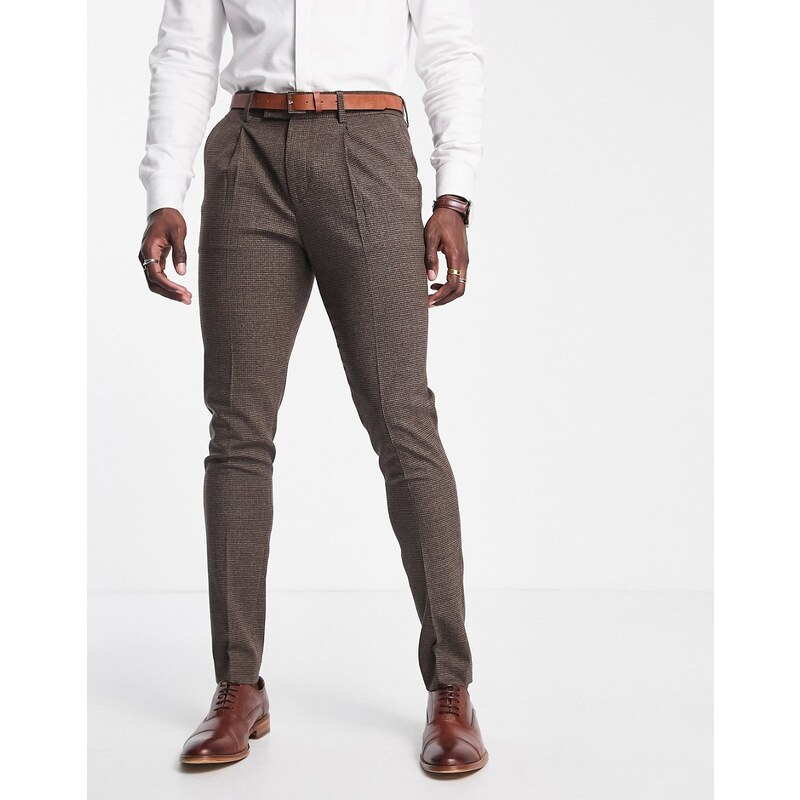 Noak - Pantaloni da abito skinny marroni in tessuto misto lana vergine bielastico con motivo pied de poule-Marrone