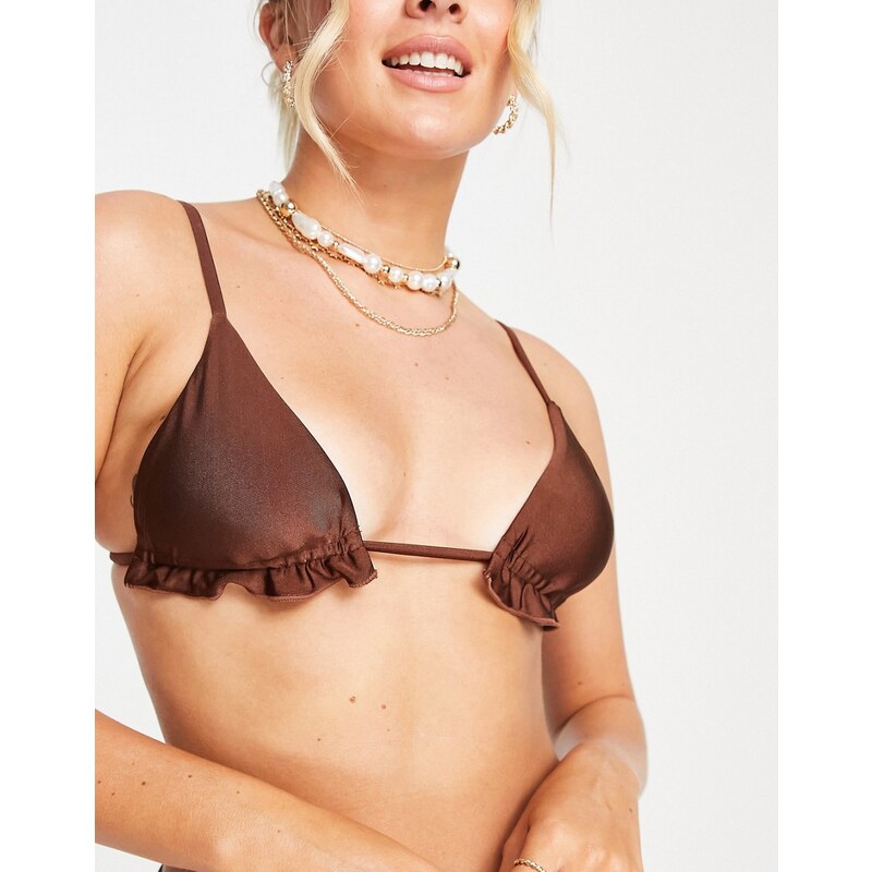 Topshop - Top bikini a triangolo color cioccolato lucido con volant-Marrone