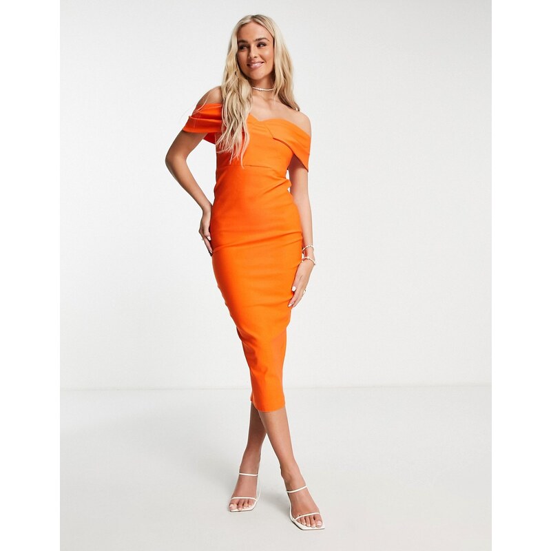 Vesper - Vestito midi arancione con scollo alla Bardot