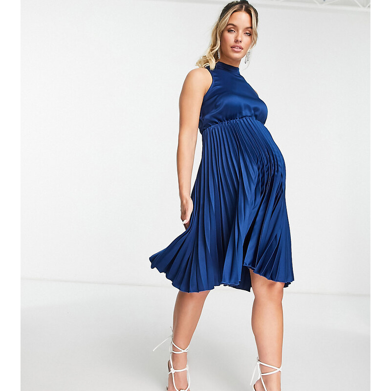 Closet London Maternity - Vestito midi accollato a pieghe blu navy