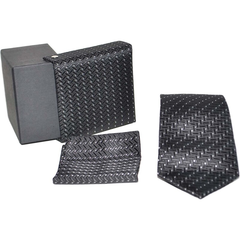 Malu Shoes Set cravatta pochette e gemelli in raso nero a fantasia pois confezione regalo per professionisti e collezionisti