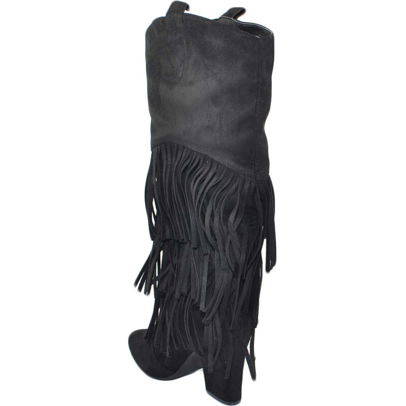 Malu Shoes Stivali donna texani camperos in camoscio nero con frange lunghe e tacco western altezza ginocchio moda glamour luxury