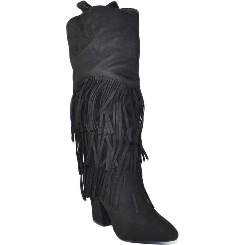 Malu Shoes Stivali donna texani camperos in camoscio nero con frange lunghe e tacco western altezza ginocchio moda glamour luxury