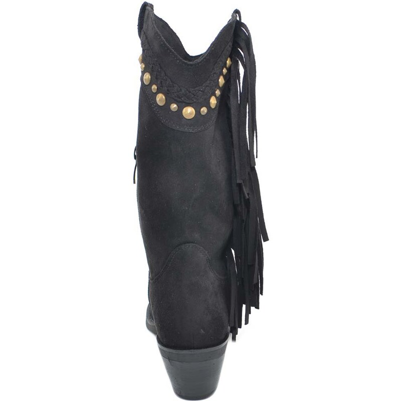 Malu Shoes Stivali donna camperos texani neri con frange e borchie in camoscio stile western a punta altezza polpaccio con zip