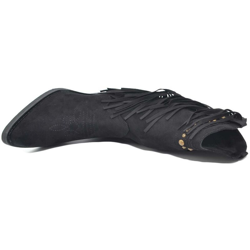 Malu Shoes Stivali donna camperos texani neri con frange e borchie in camoscio stile western a punta altezza polpaccio con zip