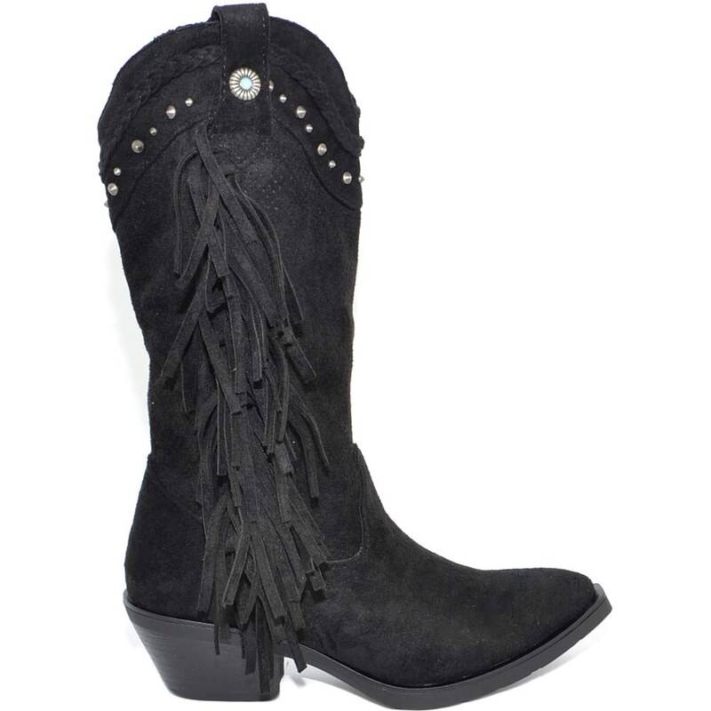 Malu Shoes Stivali donna camperos texani nero scamosciati con frange borchiette western moda altezza polpaccio style mexico cowboy