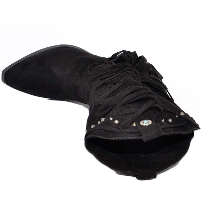 Malu Shoes Stivali donna camperos texani nero scamosciati con frange borchiette western moda altezza polpaccio style mexico cowboy