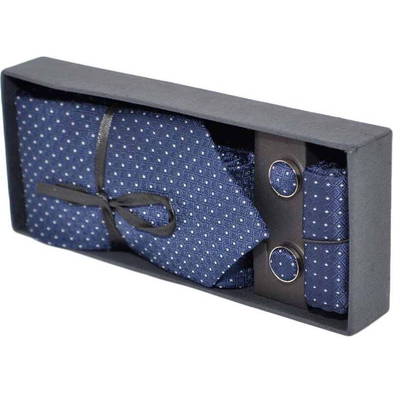 Malu Shoes Set cravatta pochette e gemelli in cotone blu a pois confezione regalo per professionisti e collezionisti