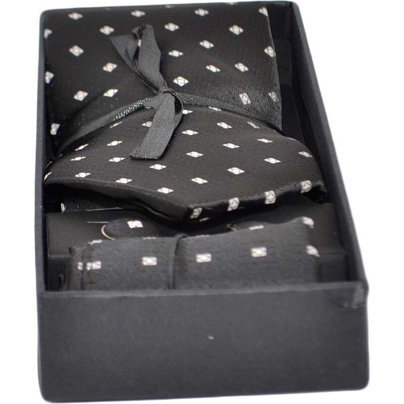 Malu Shoes Set cravatta pochette e gemelli in cotone nero a pois bianchi confezione regalo per professionisti e collezionisti