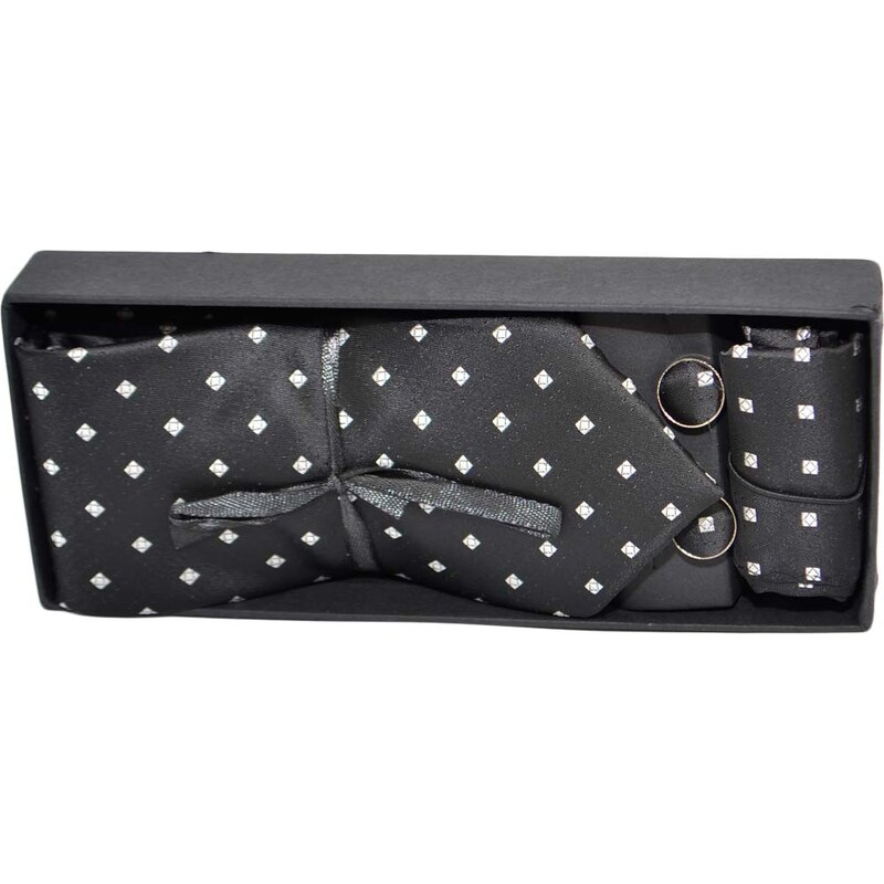 Malu Shoes Set cravatta pochette e gemelli in cotone nero a pois bianchi confezione regalo per professionisti e collezionisti